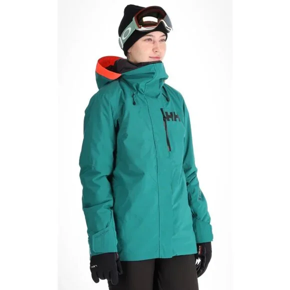 Helly Hansen Powshot Ski Long Jacket Coat Women Medium Green Hooded Snowboarding - Picture 1 of 16